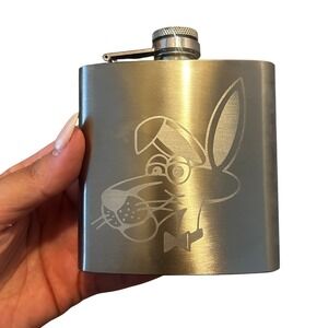 Stainless Steel 6 oz Flask Laser Etched Cartoon Rabbit Bow Tie Glasses Silver